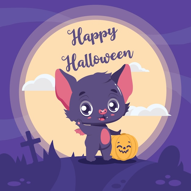 Halloween greeting with cute little cartoon bat