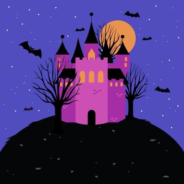 Vector halloween haunted castle on a hill spooky tower with scary trees and bats vector illustration