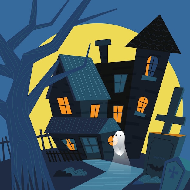 Vector a halloween haunted house flat illustration where ghosts are wandering in the graveyard at night