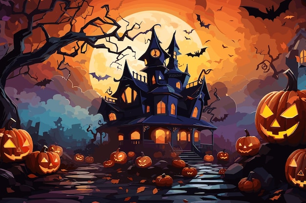 Halloween haunted house in full moon night creepy and dark mansion background design halloween