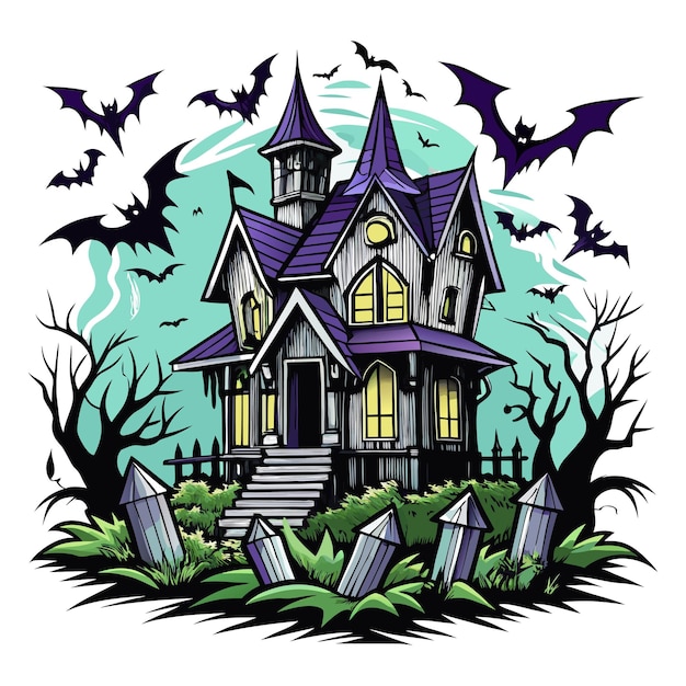 Halloween haunted house Tshirt Design Hand drawn illustration on a clean white background Icon Co