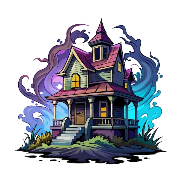 Halloween haunted house Tshirt Design Hand drawn illustration on a clean white background Icon Co