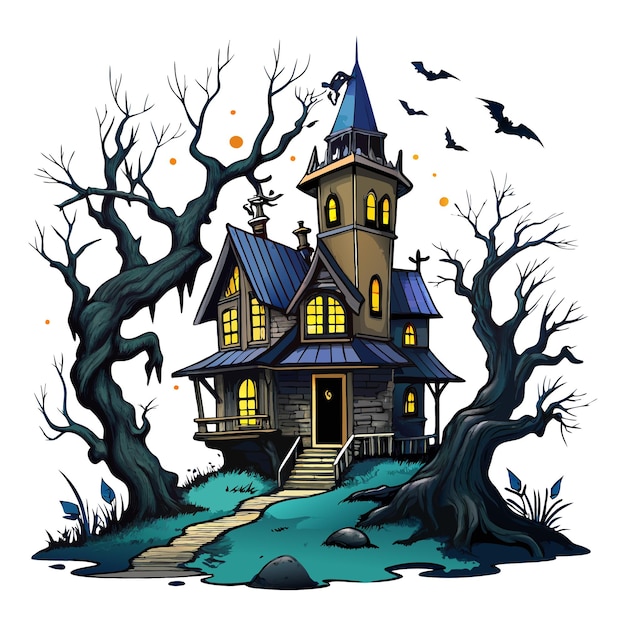 Vector halloween haunted house tshirt design hand drawn illustration on a clean white background icon co