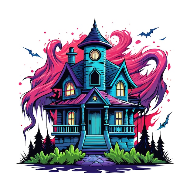 Halloween haunted house Tshirt Design Hand drawn illustration on a clean white background Icon Co