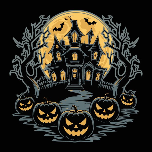 Vector halloween haunted house with pumpkins and bats illustration