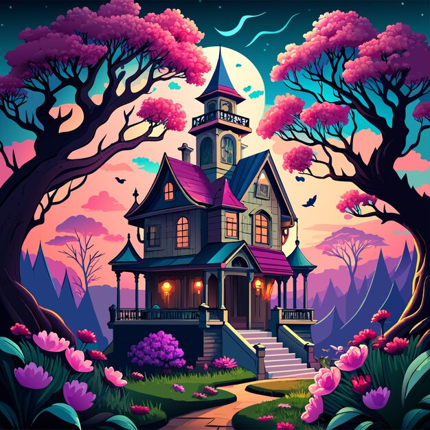 Halloween haunted witch house hand drawn sticker icon concept isolated illustration