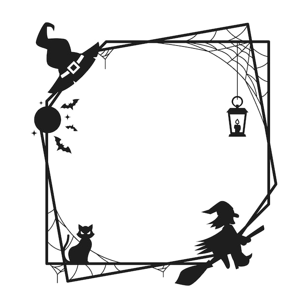 Halloween holiday black frame with silhouettes of cobweb witch riding broomstick wizard hat and black cat lantern and flying bats Isolated vector decorative border or vignette with spooky decor