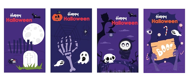 Halloween holiday cover brochure set in trendy flat design Poster templates with creepy tombstone and moon flying bats and ghosts death and sculls trick or treats candies Vector illustration