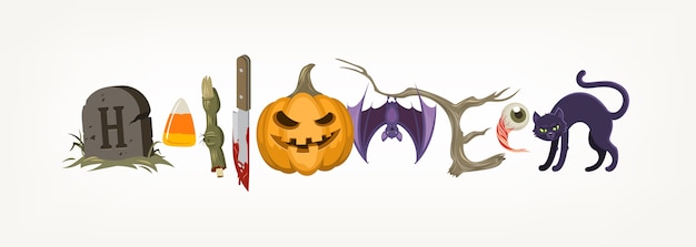 Halloween holiday greeting compiled from halloween objects or symbols. illustration.