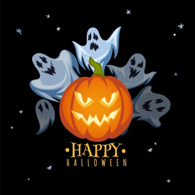 Halloween holiday poster Scary pumpkin with horror face flying creepy ghosts trickortreat banner dark night festival background autumn holiday invitation card vector cartoon concept