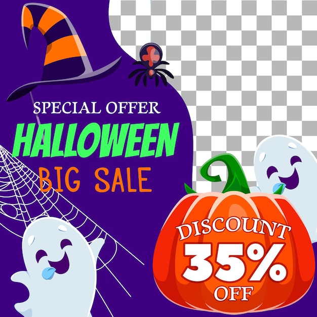 Halloween holiday sale banner with kawaii ghosts witch hat and pumpkin in cobweb Vector empty frame with cartoon spooky phantoms witch hat ripe gourd and spider Special seasonal discount offer