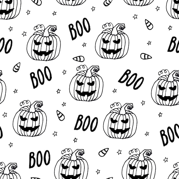 Halloween holiday seamless pattern background with hand drawing elements  pumpkin ghost