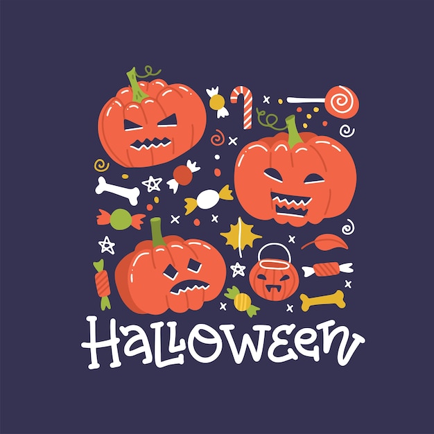 Halloween holiday square banner design with candy and pumpkins. flat illustration with hand drawn lettering.