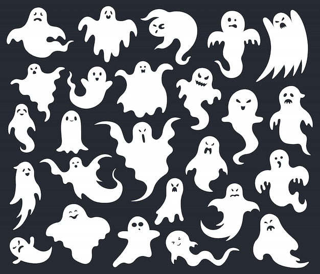 Halloween horror ghost. Spooky scary ghosts, ghost funny cute character, phantom ghostly halloween mascots  illustration set. Face spooky monster, holiday silhouette creature