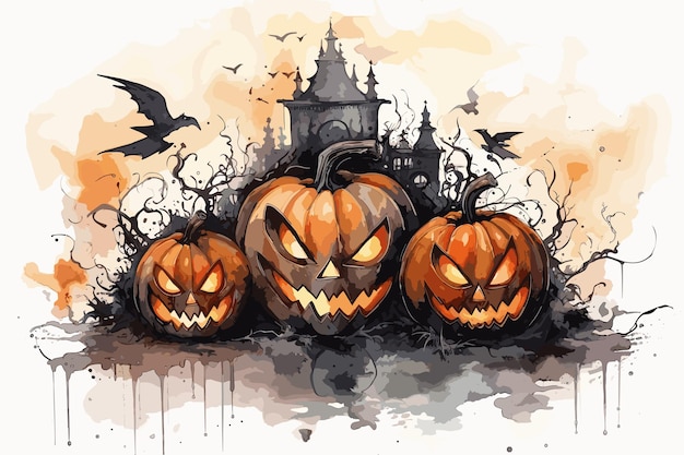 Halloween House and Pumpkin Watercolor Vector illustration