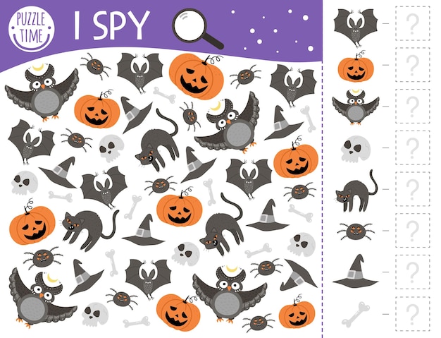 Halloween I spy game for kids. Searching and counting activity for preschool children with traditional scary objects. Funny autumn printable worksheet for kids. Simple spotting puzzle.