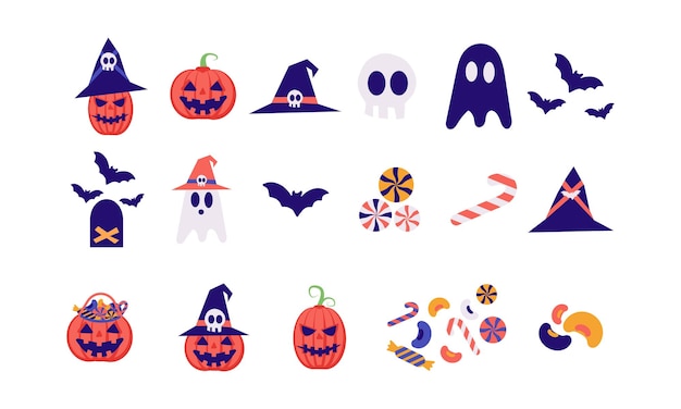 Halloween icon big collection set. Pumpkin, bats, ghost, skeleton, candy isolated vector