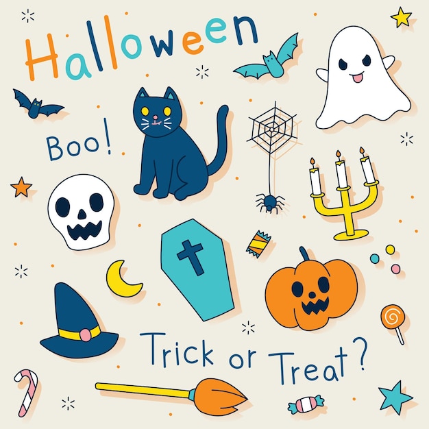 Halloween Icon Set Cute Flat Outline Style Decoration Element Symbol Vector Illustration