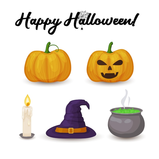 Halloween icons Cartoon pumpkin candle witch hat and boiler with green potion isolated on white background