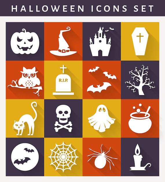 Halloween icons. Collection of white symbols on colored plates. Flat style with long shadows. Vector set.