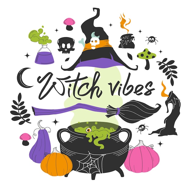 Halloween illustrated set of vector elements Witch vibes lettering Elements of magic