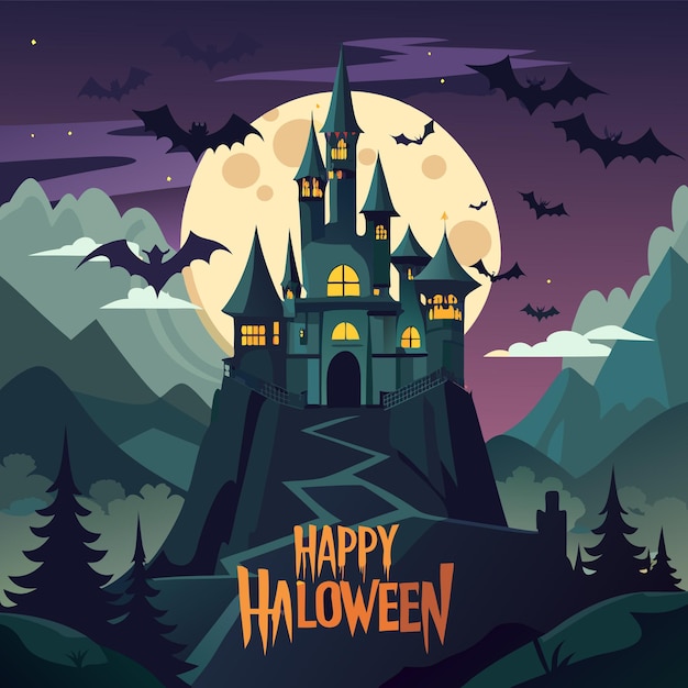 Vector halloween illustration dark castle with lightning strikes