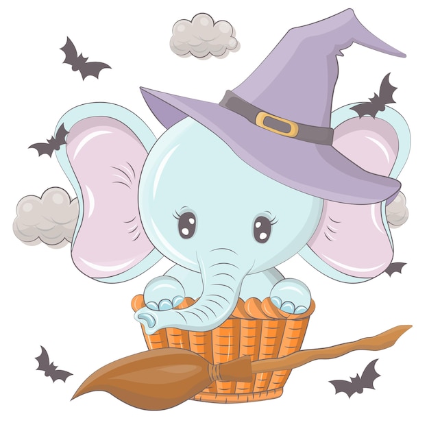 Halloween illustration of an elephant with a broom. Vector illustration of Halloween animal.