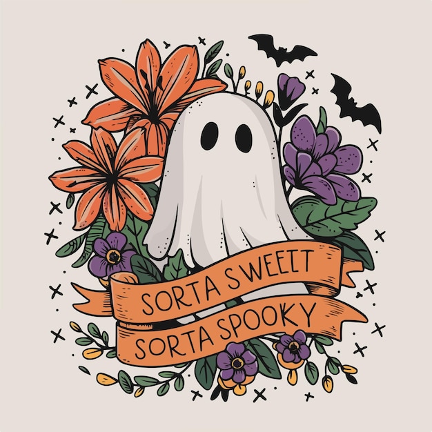 Halloween Illustration Ghost Covered with Flowers Sorta Sweet Sorta Spooky Text Ribbon