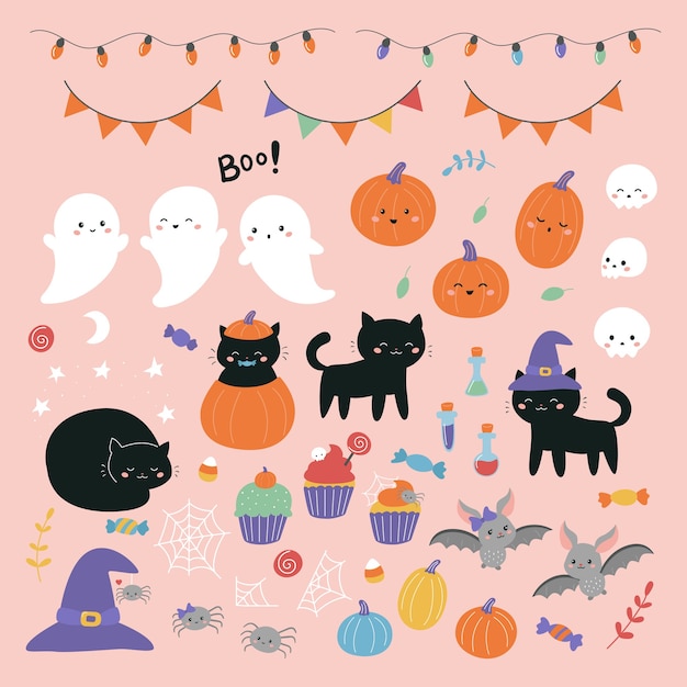 Halloween illustration set with cartoon characters for kids.