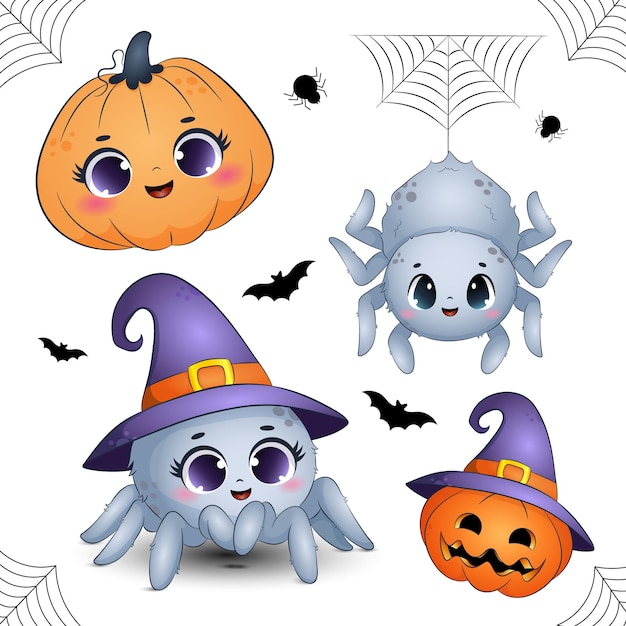 Halloween illustration set with spider and pumpkin