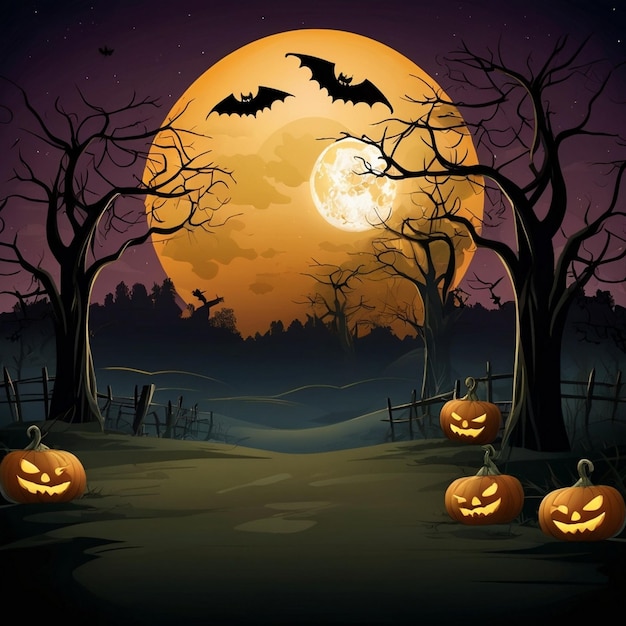 a halloween illustration with bats flying in the sky