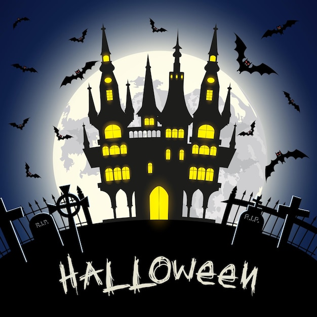 Halloween illustration with castle, tomb and bats on full moon background. Vector illustration