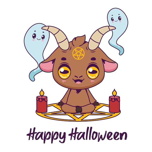 Halloween illustration with a cute goat and summoning circle