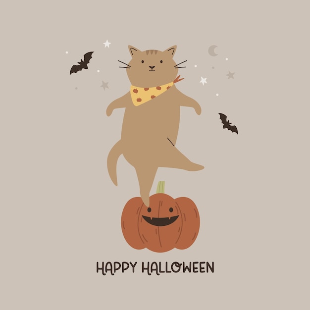 Halloween illustration with a funny cat and pumpkin