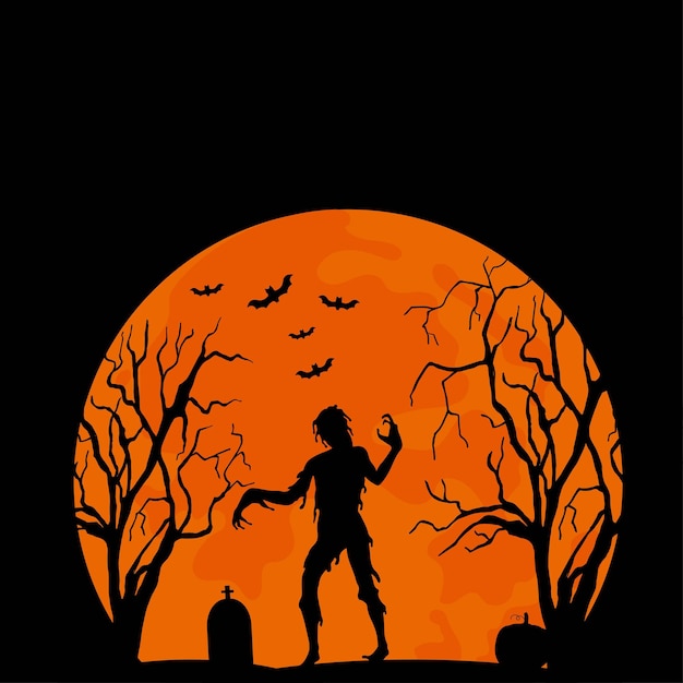 Halloween illustration with zombie, cemetery and trees. Happy halloween