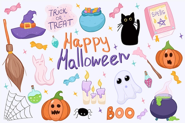 Vector halloween item sticker set cat hat book with spells gost candy broom candles potion spider