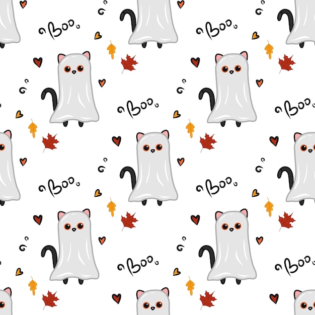 Halloween kawaii cat with costume vector seamless pattern