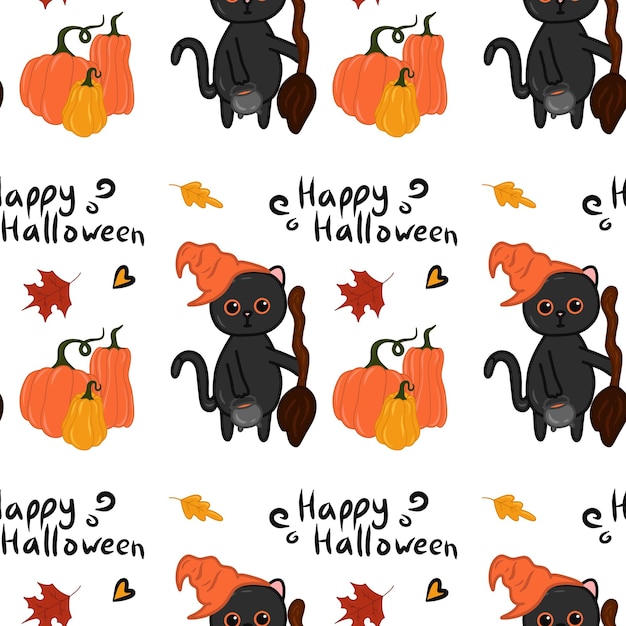 Halloween kawaii cat with costume vector seamless pattern