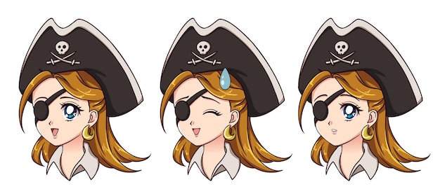 Halloween kawaii pirate with eight different face expression Retro 90s anime style hand draw vector illustration Isolated on white background