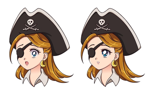 Halloween kawaii pirate with eight different face expression Retro 90s anime style hand draw vector illustration Isolated on white background