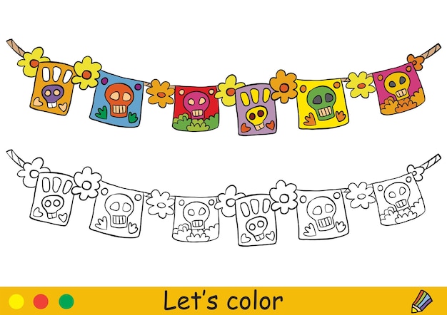 Halloween kids coloring with template mexican garland