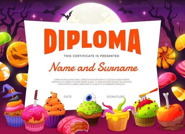 Halloween kids diploma with cartoon candies sweets