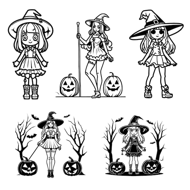 Halloween kids vector line art collection