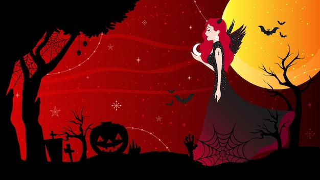 Halloween landscape illustration with beautiful red evil