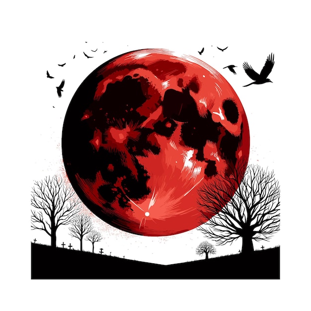 Vector halloween large bloodred harvest moon hanging low in the night sky