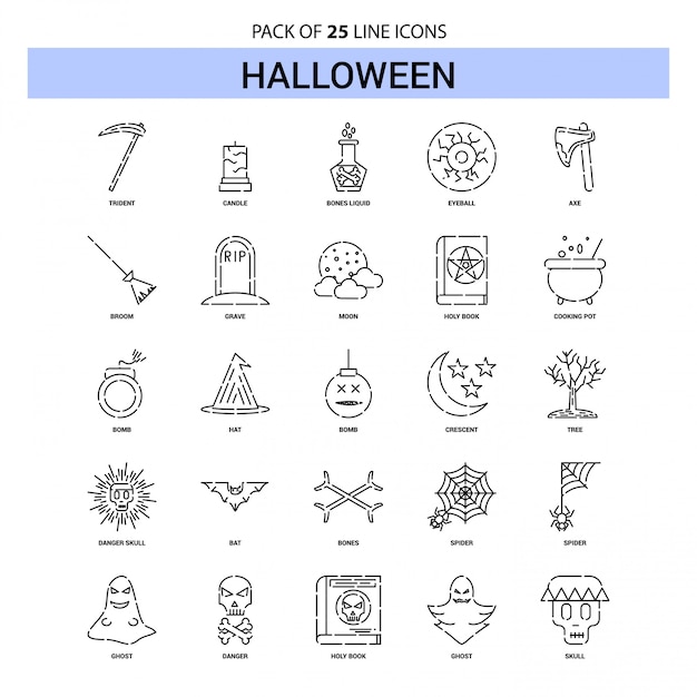 Halloween Line Icon Set - 25 Dashed Outline Style