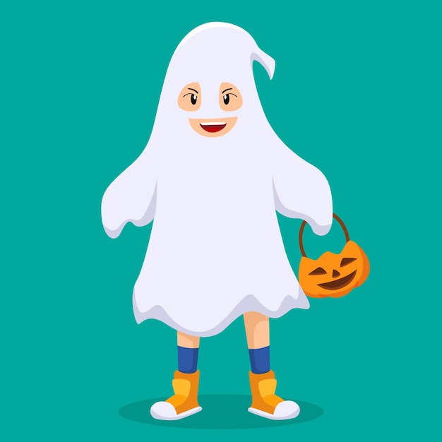 Halloween Little Boy in Ghost Costume Design Flat Illustration