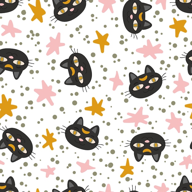 Halloween magic Black cat head vector seamless pattern Funny character face texture