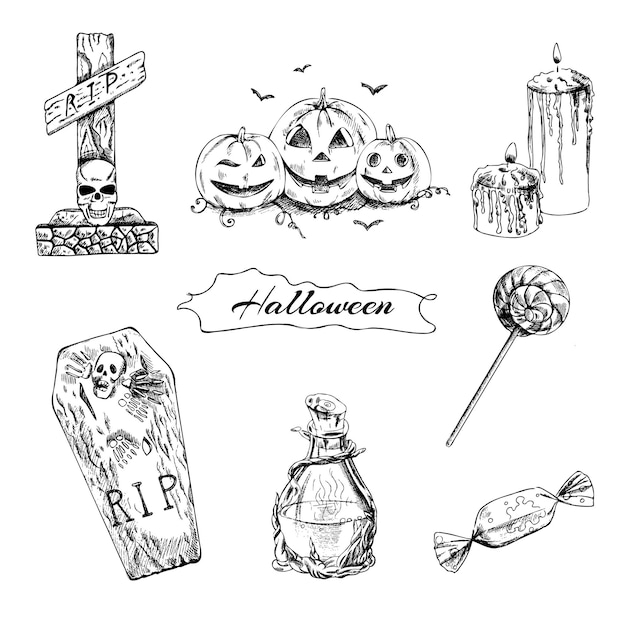 Vector halloween magic potion tombstone coffin candles pumpkins candy lollipop