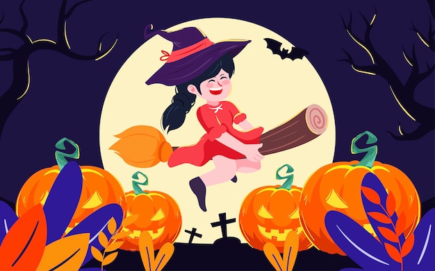 Halloween magic witch illustration night pumpkin lantern castle party poster